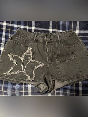 Women's Washed Black Distressed Star Denim Shorts